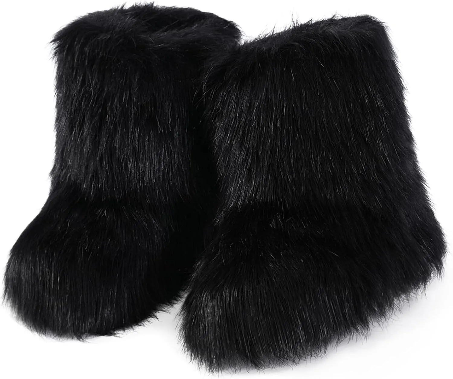 ipx Furry Faux Fur Boots for Women Fuzzy Fluffy Mid Calf Round Toe Snow Boots Women's Fashion Comfy Winter Boots Plush Warm Short Flat Heel Mid-Calf Shoes