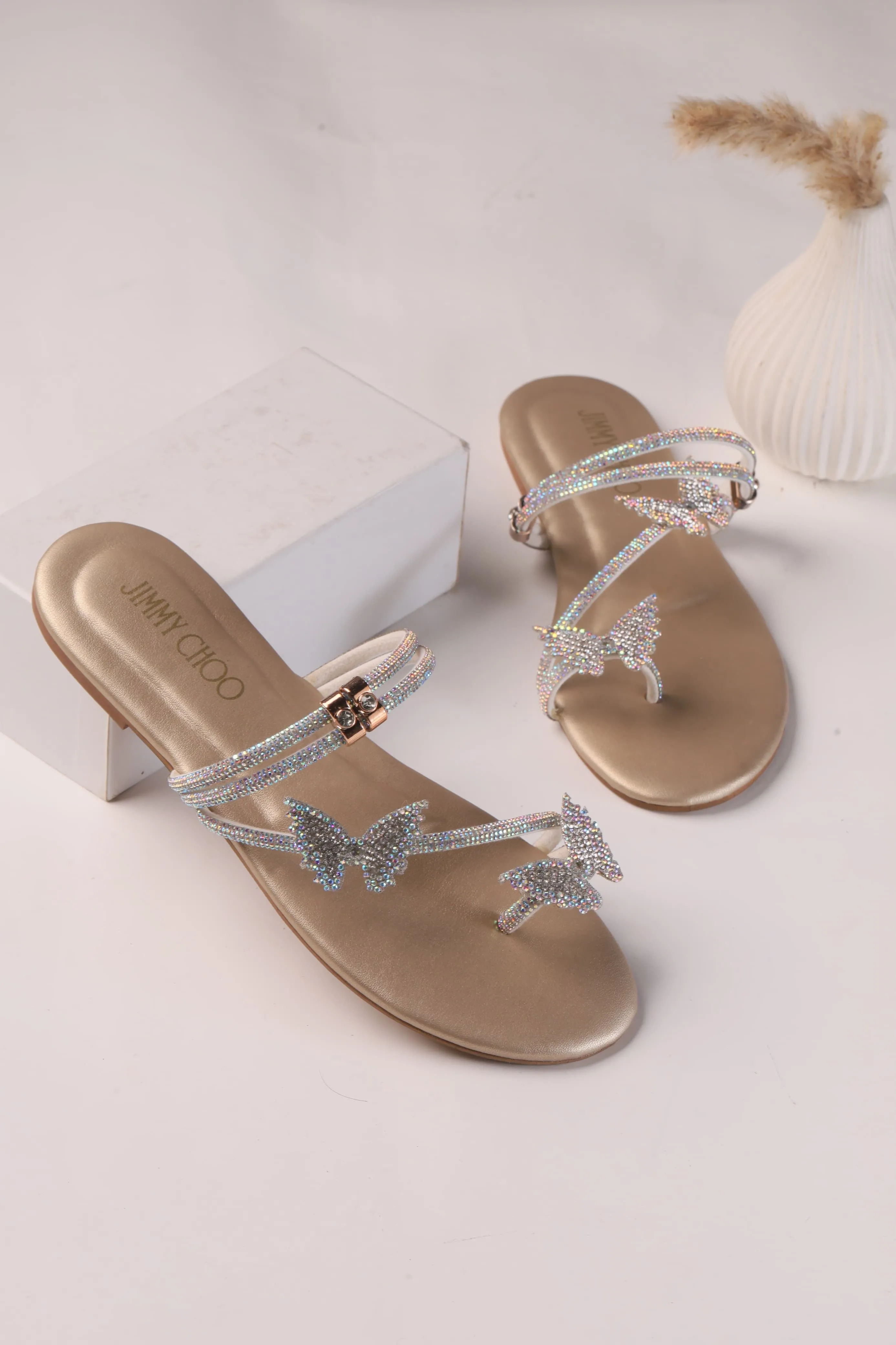 JIMMY CHOO MASH STRAP BUTTERFLY SLIPPERS - GOLD