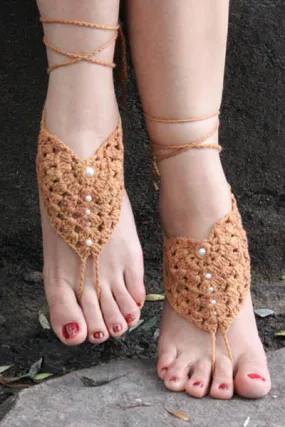 Khaki Pearl Embellished Crochet Barefoot Sandals