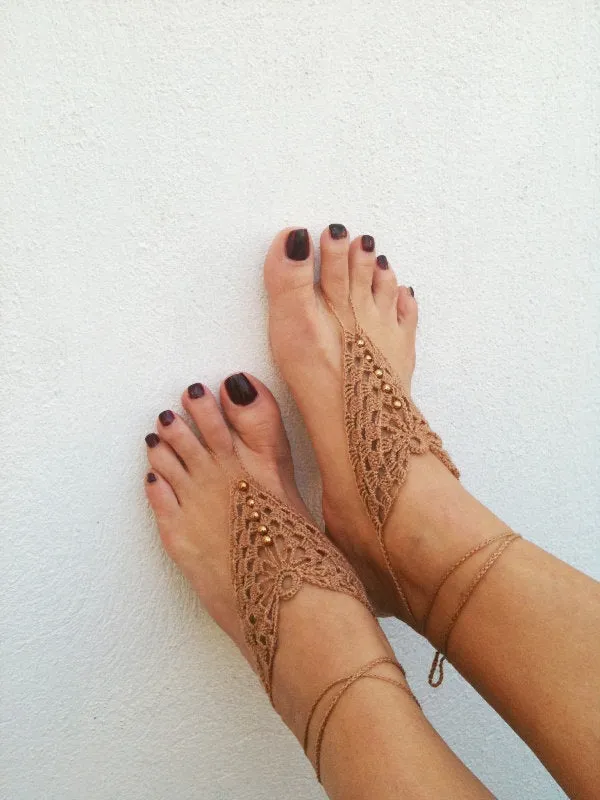 Khaki Pearl Embellished Crochet Barefoot Sandals