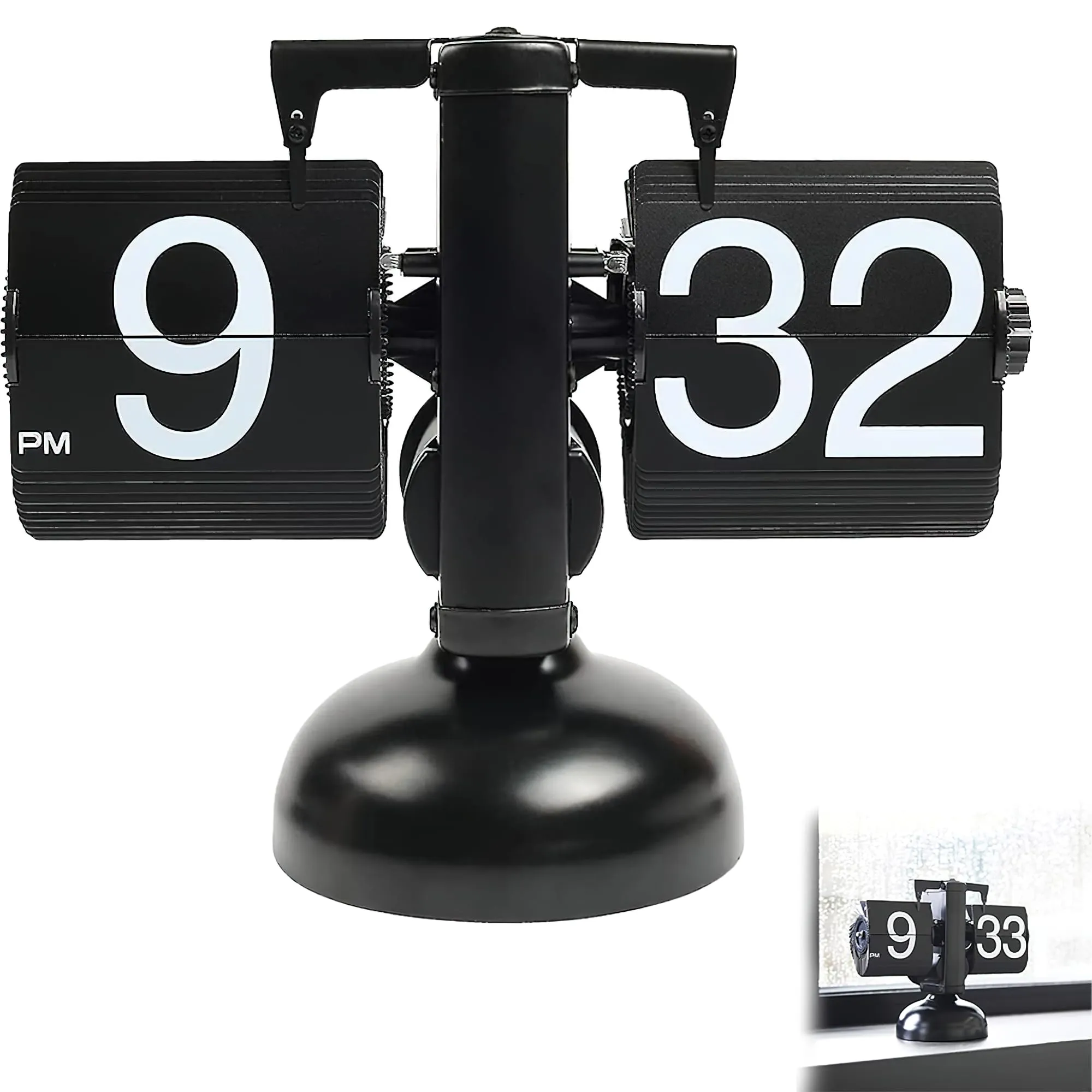 Kidoca Matt Black Automatic Page Turning Flip Clock - Large Number Mechanical Desk Clock, Retro Gear Rotating Watch for Table, Unique Flipping Out Paper Shelf, Battery Powered for Office and Home