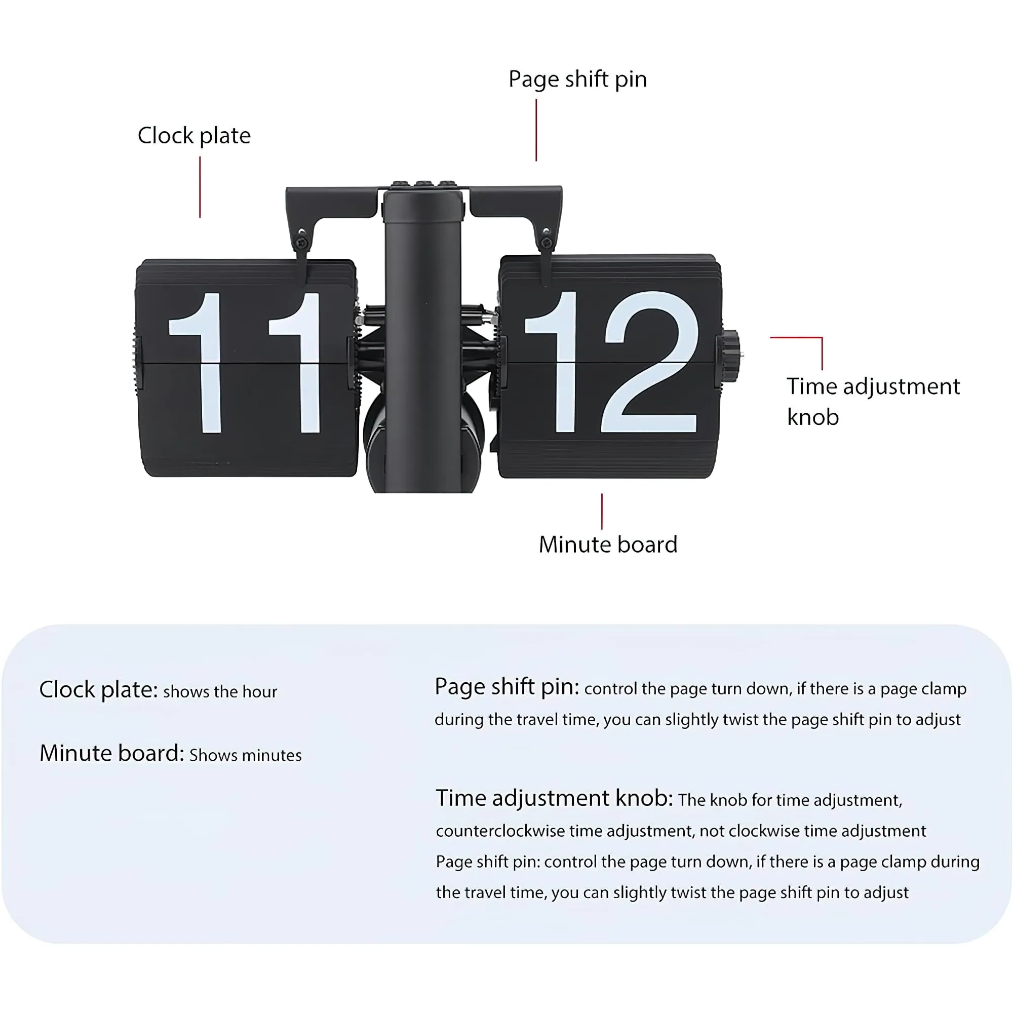 Kidoca Matt Black Automatic Page Turning Flip Clock - Large Number Mechanical Desk Clock, Retro Gear Rotating Watch for Table, Unique Flipping Out Paper Shelf, Battery Powered for Office and Home