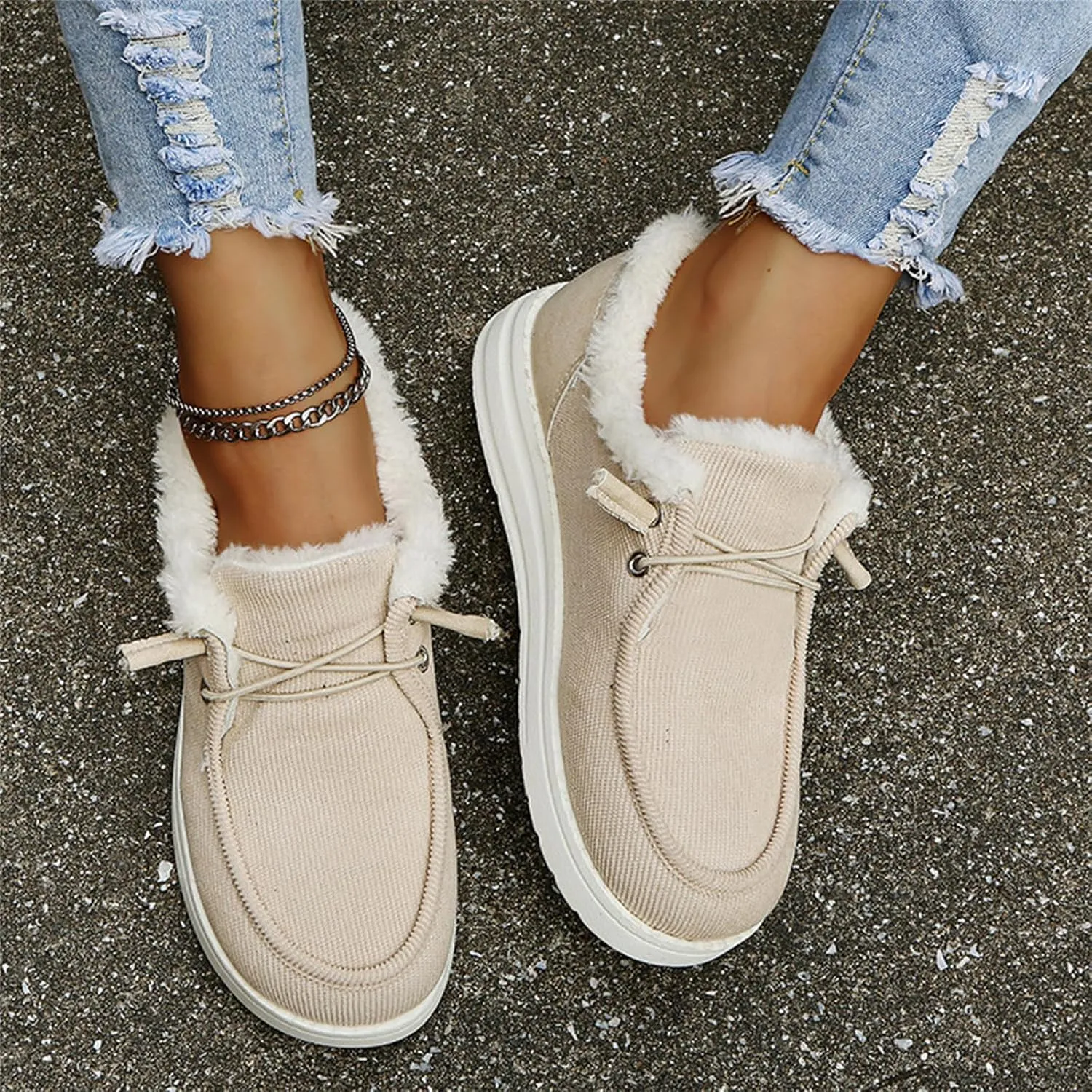 Lausiuoe Winter Fashion Boots For Women 2024 Warm Snow Fuzzy Ankle Booties Flat Cute Silp On Comfortable Casual Loafers Shoes