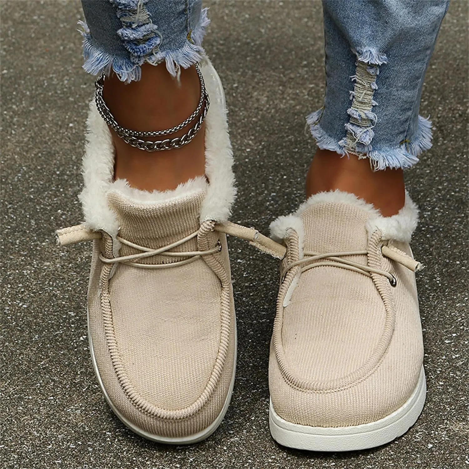 Lausiuoe Winter Fashion Boots For Women 2024 Warm Snow Fuzzy Ankle Booties Flat Cute Silp On Comfortable Casual Loafers Shoes