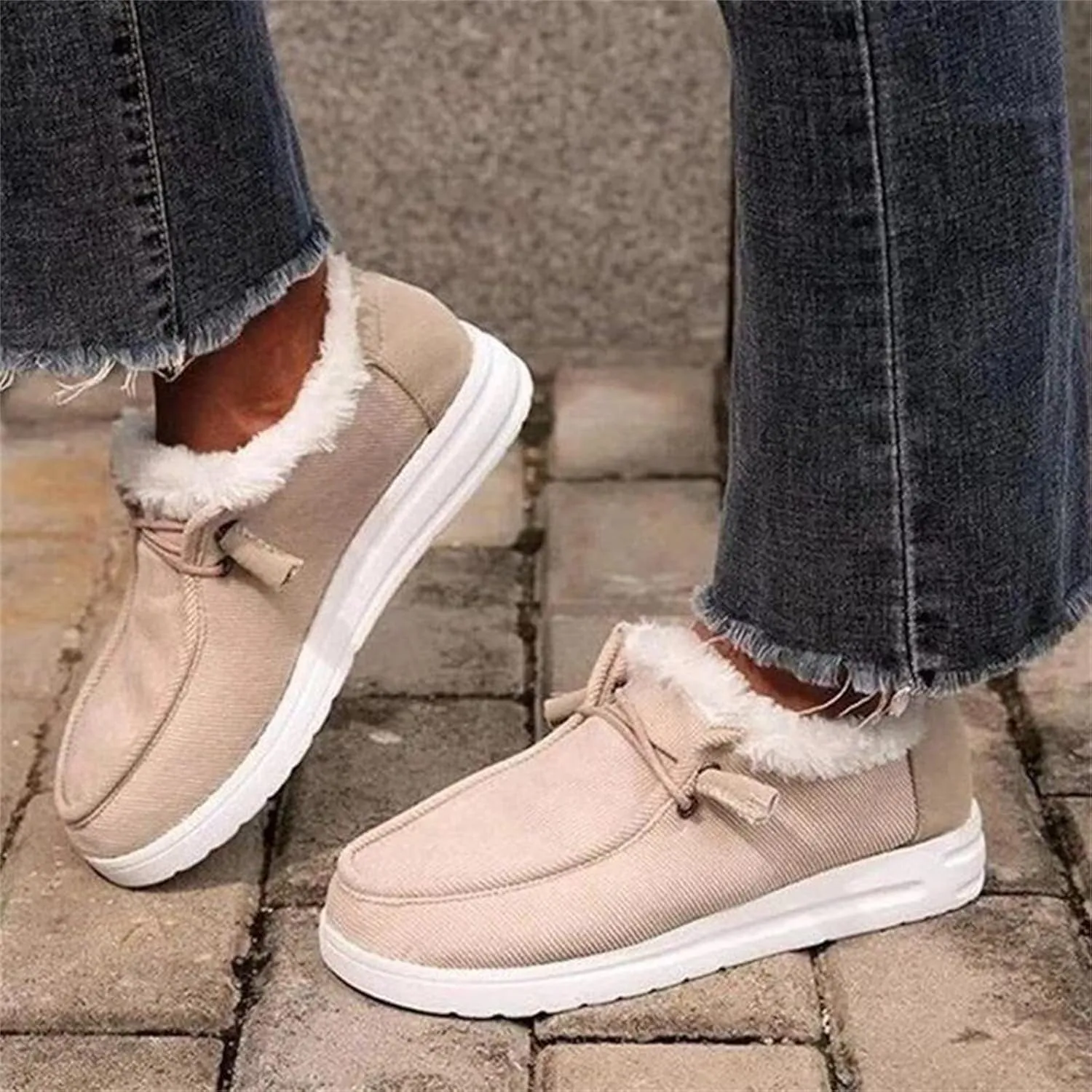 Lausiuoe Winter Fashion Boots For Women 2024 Warm Snow Fuzzy Ankle Booties Flat Cute Silp On Comfortable Casual Loafers Shoes