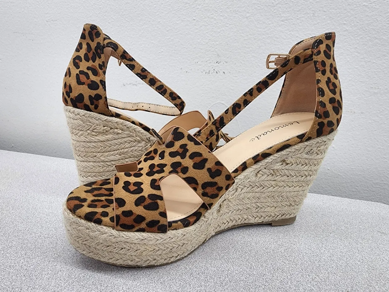Lemonade Kayson Leopard Unique Double Vamp Platform Wedge Espadrille Sandals