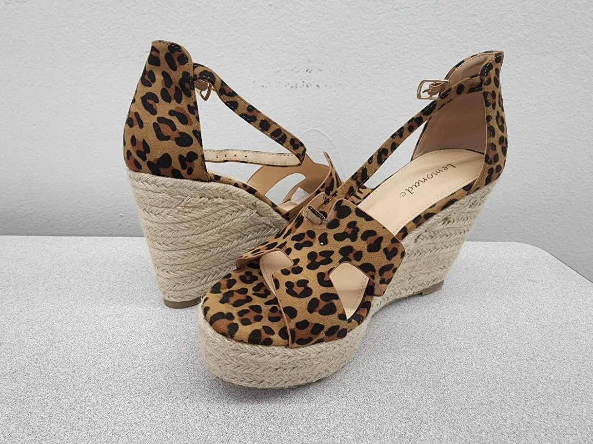 Lemonade Kayson Leopard Unique Double Vamp Platform Wedge Espadrille Sandals