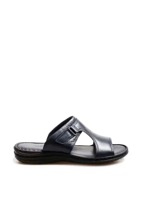 Men's Navy Leather Slide Sandals with Cutout Design - Wessi