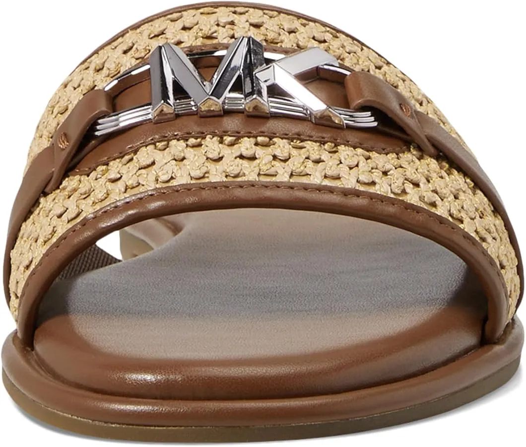 MICHAEL KORS EMBER EMBELLISHED STRAW SLIDE SLIPPERS - BROWN