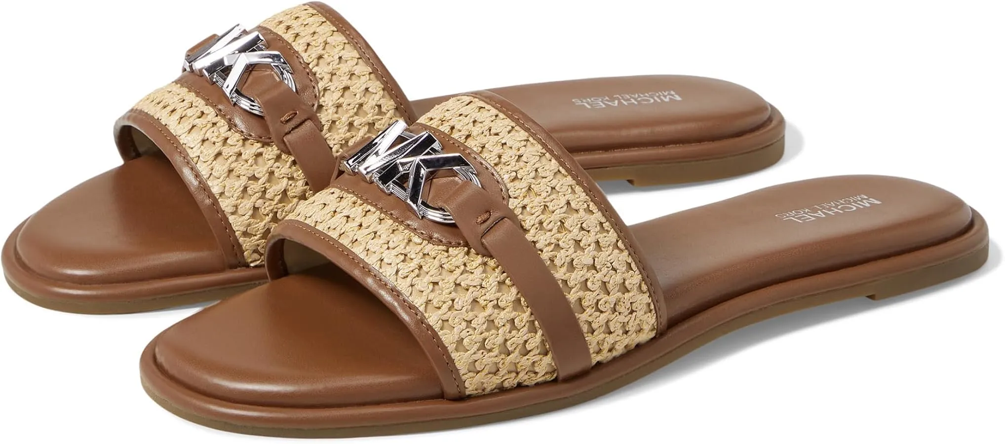 MICHAEL KORS EMBER EMBELLISHED STRAW SLIDE SLIPPERS - BROWN