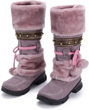 Mid Calf Boots For Women,Women's Long Winter Snow Boots Boho Ethnic Style Fuzzy Plush Fur Lined Knee High Boots Suede Pull On Square Toe Thick Sole Platform Tall Booties Warm Cozy Cute
