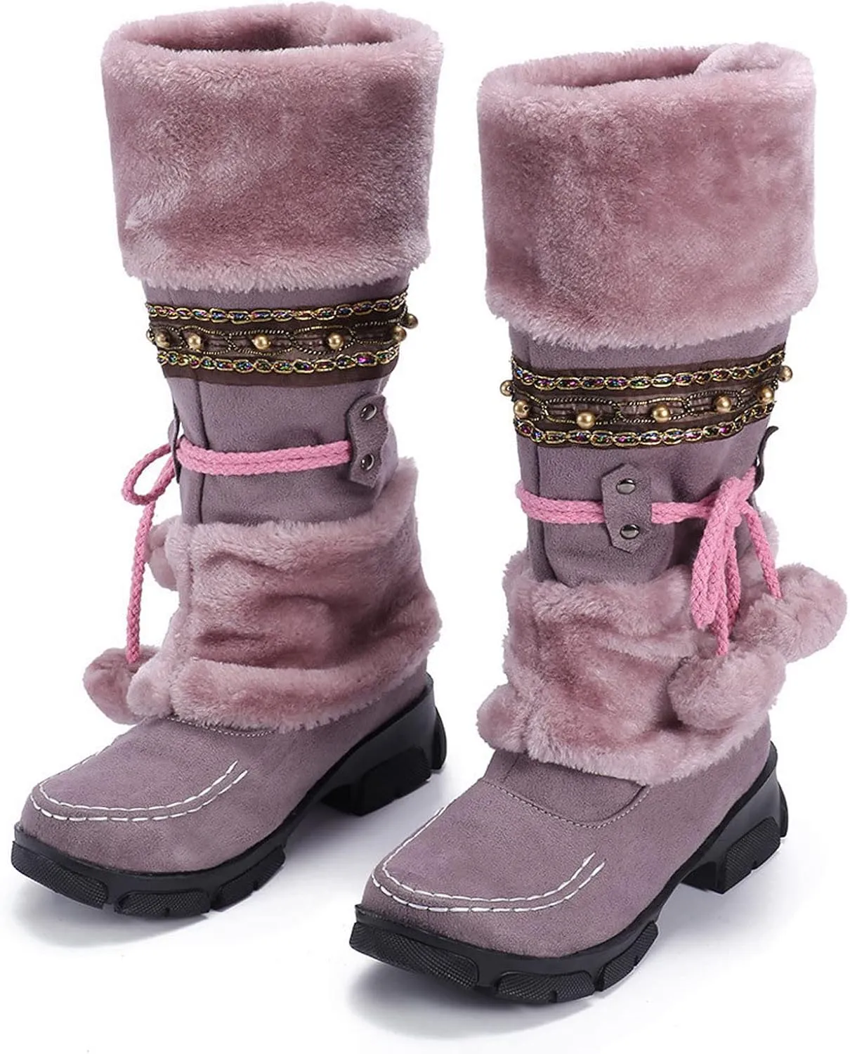 Mid Calf Boots For Women,Women's Long Winter Snow Boots Boho Ethnic Style Fuzzy Plush Fur Lined Knee High Boots Suede Pull On Square Toe Thick Sole Platform Tall Booties Warm Cozy Cute