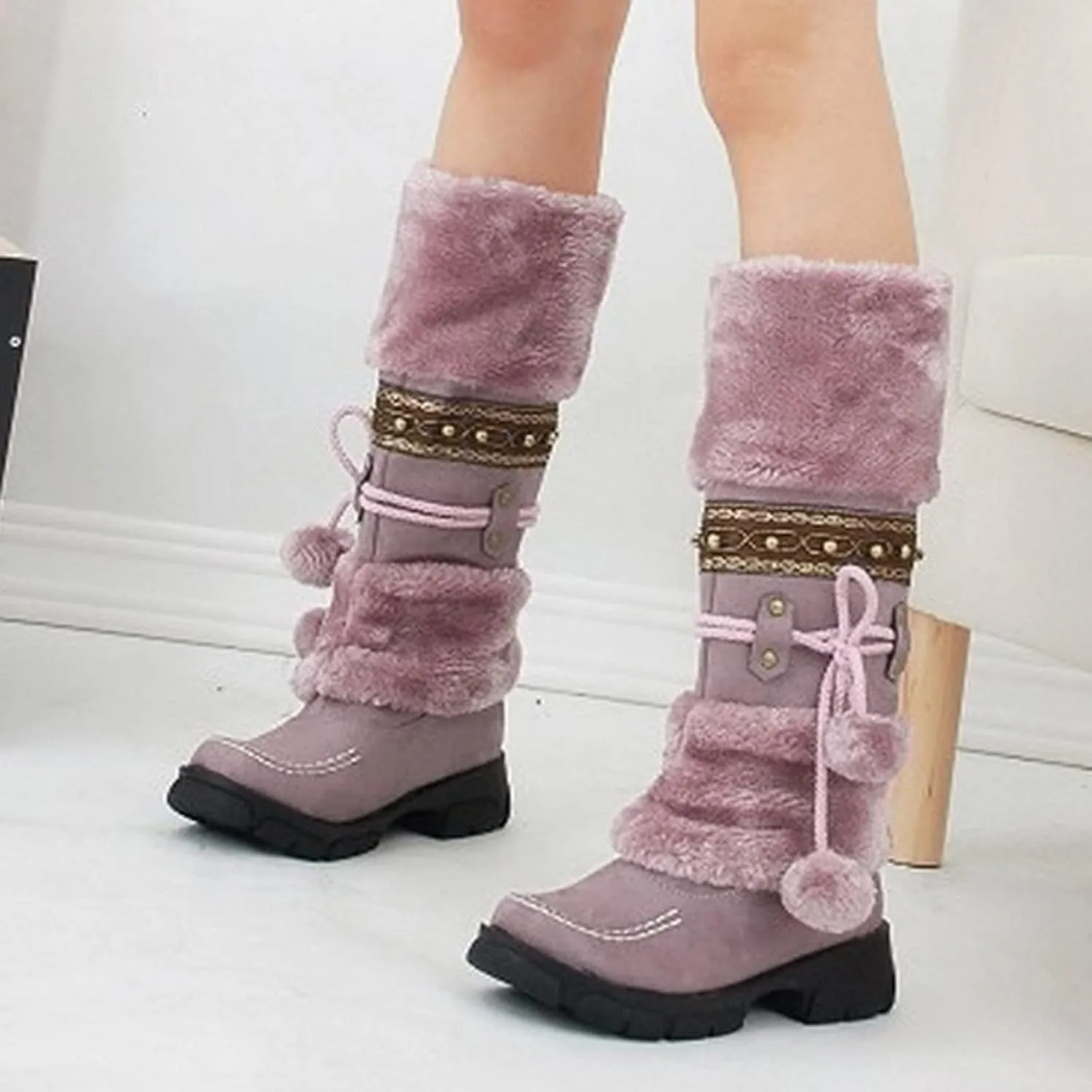Mid Calf Boots For Women,Women's Long Winter Snow Boots Boho Ethnic Style Fuzzy Plush Fur Lined Knee High Boots Suede Pull On Square Toe Thick Sole Platform Tall Booties Warm Cozy Cute