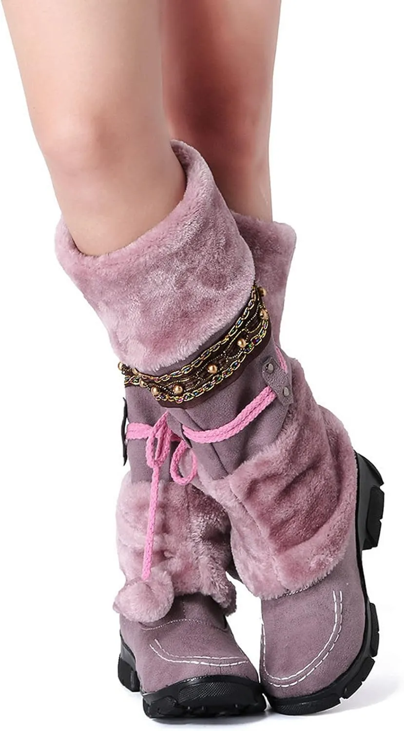 Mid Calf Boots For Women,Women's Long Winter Snow Boots Boho Ethnic Style Fuzzy Plush Fur Lined Knee High Boots Suede Pull On Square Toe Thick Sole Platform Tall Booties Warm Cozy Cute