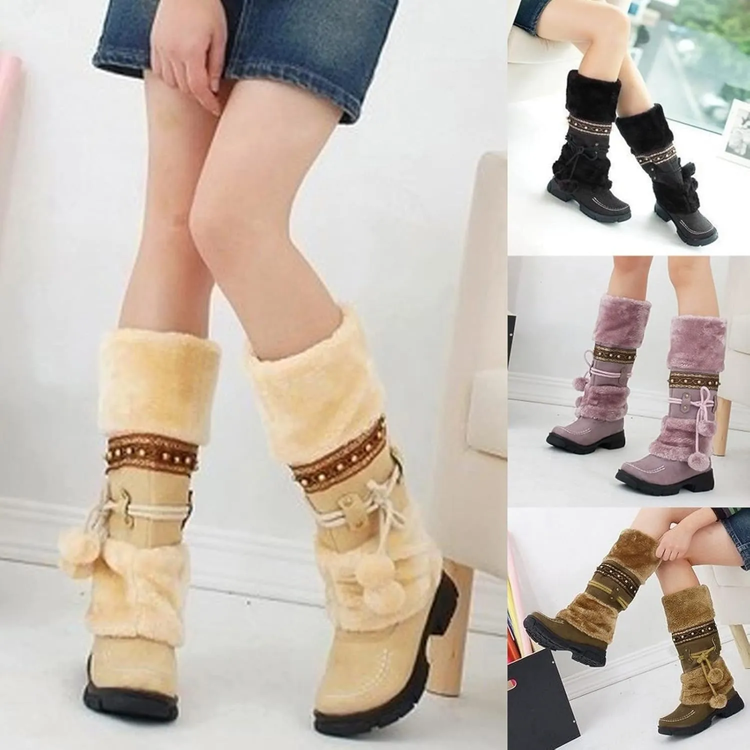 Mid Calf Boots For Women,Women's Long Winter Snow Boots Boho Ethnic Style Fuzzy Plush Fur Lined Knee High Boots Suede Pull On Square Toe Thick Sole Platform Tall Booties Warm Cozy Cute