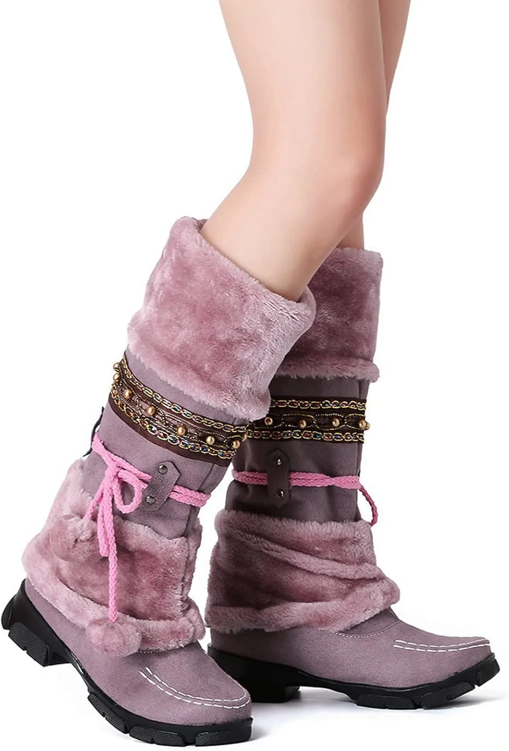 Mid Calf Boots For Women,Women's Long Winter Snow Boots Boho Ethnic Style Fuzzy Plush Fur Lined Knee High Boots Suede Pull On Square Toe Thick Sole Platform Tall Booties Warm Cozy Cute