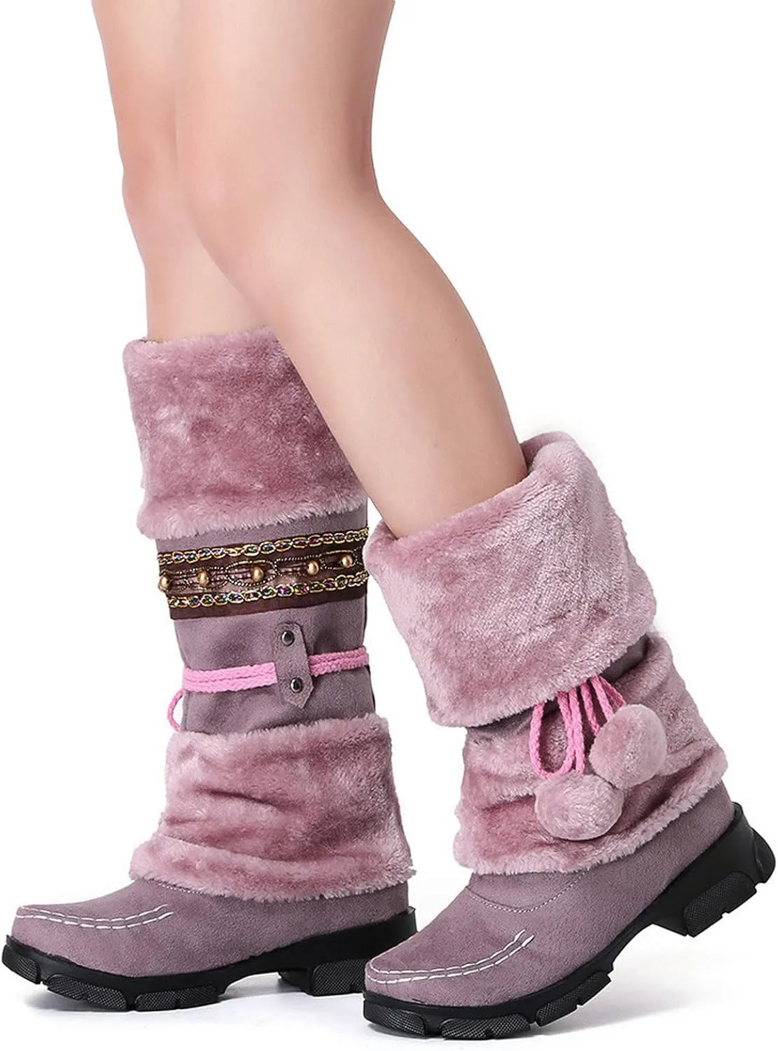 Mid Calf Boots For Women,Women's Long Winter Snow Boots Boho Ethnic Style Fuzzy Plush Fur Lined Knee High Boots Suede Pull On Square Toe Thick Sole Platform Tall Booties Warm Cozy Cute