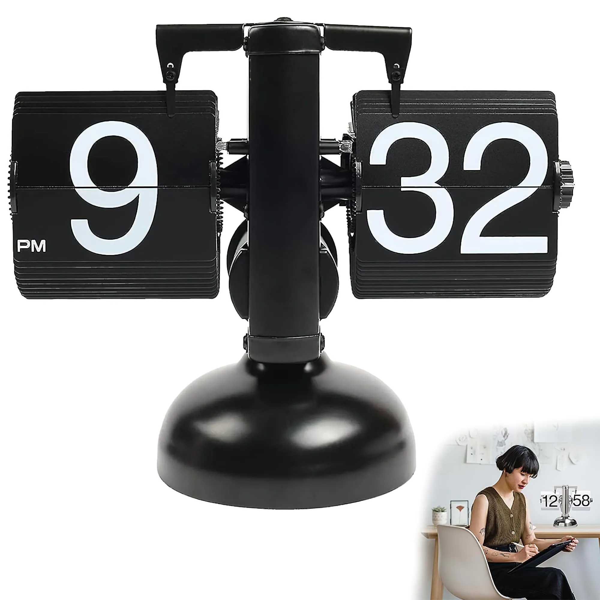 MULZI Large Matt Black Automatic Page Turning Clock, Mechanical Retro Gear Flip Clock for Table, Unique Rotating Desk Watch with Flipping Numbers, Battery Powered for Office & Home