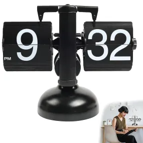 MULZI Large Matt Black Automatic Page Turning Clock, Mechanical Retro Gear Flip Clock for Table, Unique Rotating Desk Watch with Flipping Numbers, Battery Powered for Office & Home