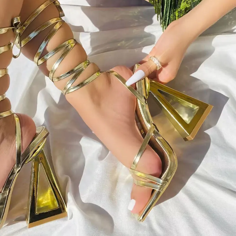 New Trendy Sexy Cross Strap Unique Heels Roman Sandals