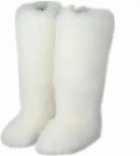 QMFUR Women's Furry Faux Fur Boot Fluffy Knee High Snow Boots Round Toe Suede Winter Comfy Plush Warm Outdoor Indoor Flat Shoes Fashion Boots