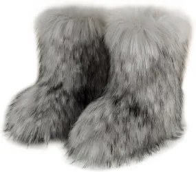 QMFUR Women's Furry Faux Fur Boots Fuzzy Fluffy Mid Calf Snow Boots Suede Warm Fur Lined Booties Flat Fashion Boots