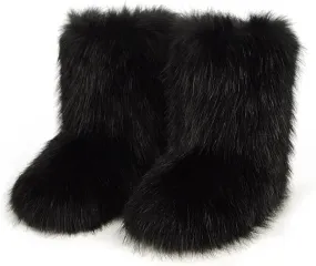 QMFUR Women's Furry Faux Fur Boots Fuzzy Fluffy Mid Calf Snow Boots Suede Warm Fur Lined Booties Flat Fashion Boots