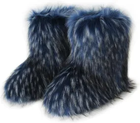 QMFUR Women's Furry Faux Fur Boots Fuzzy Fluffy Mid Calf Snow Boots Suede Warm Fur Lined Booties Flat Fashion Boots