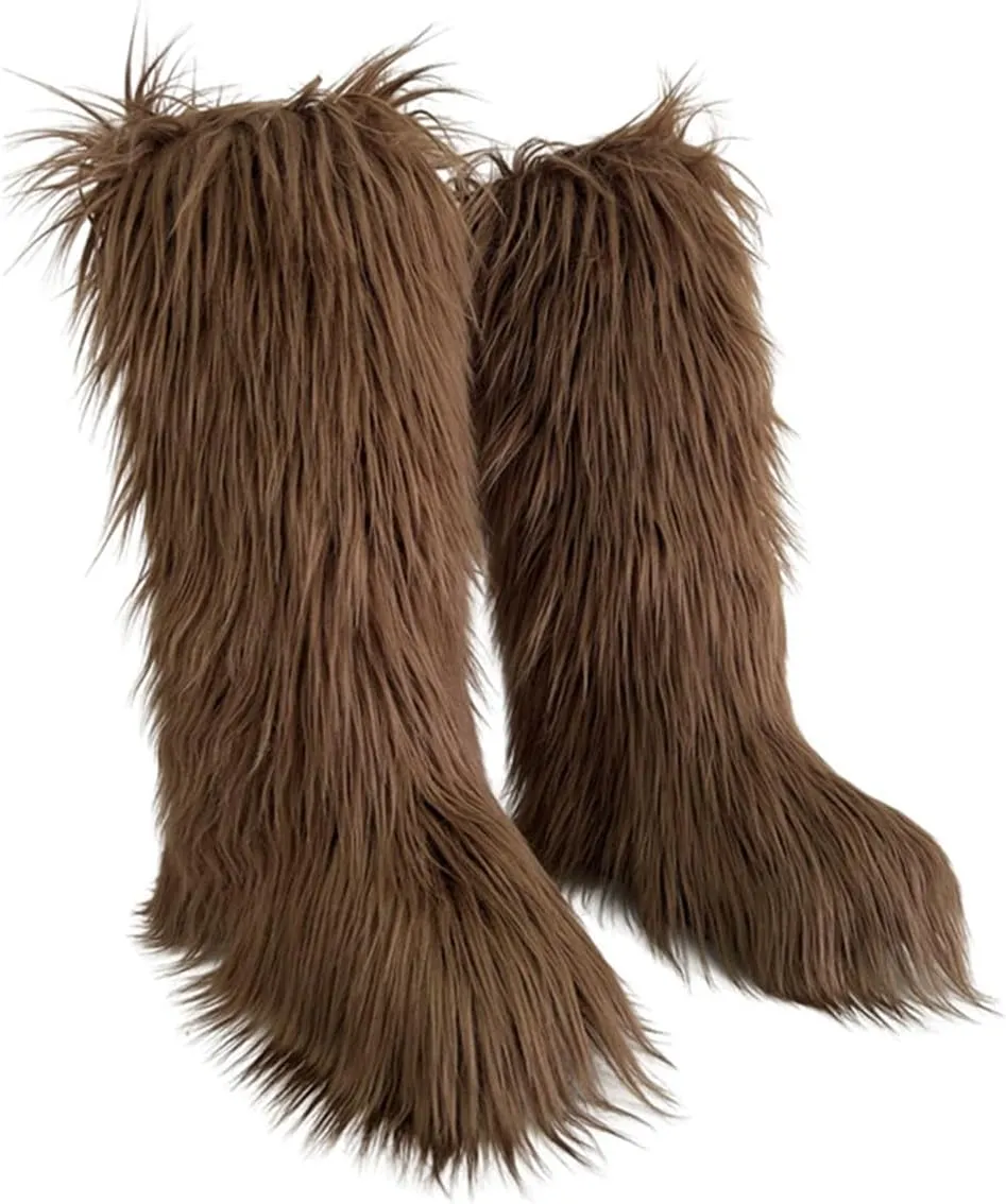 QMFUR Women's Furry Knee High Snow Boots Faux Fur Mid-Calf Boots Fluffy Flat boot Winter Warm Fashion Boots