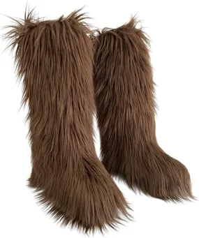 QMFUR Women's Furry Knee High Snow Boots Faux Fur Mid-Calf Boots Fluffy Flat boot Winter Warm Fashion Boots