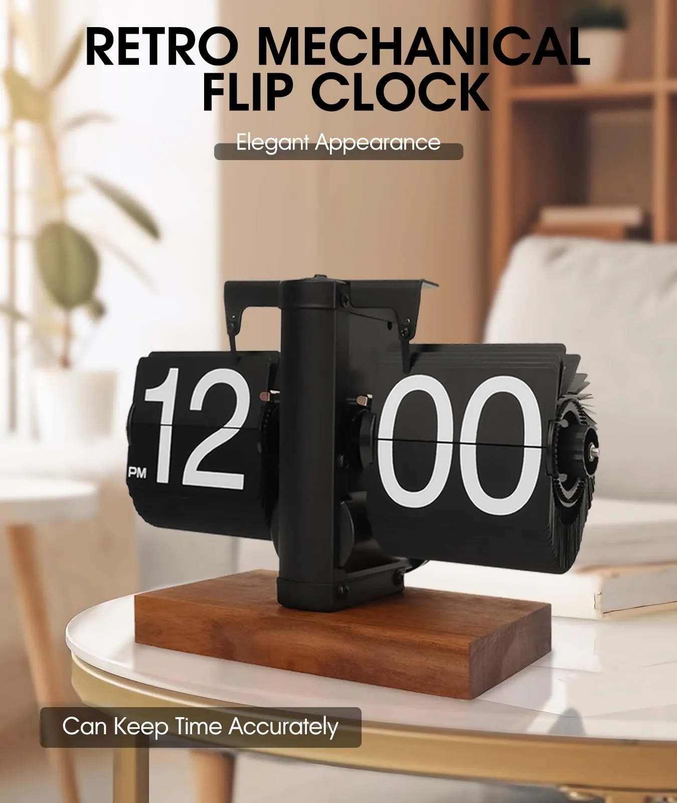 Retro Flip Clock - Flip Clock Vintage Desk Clock Digital Automatic Turning, Battery Operated Mechanical Desk Clock, Black - Ideal for Home, Office, Room Decor（Battery not Included