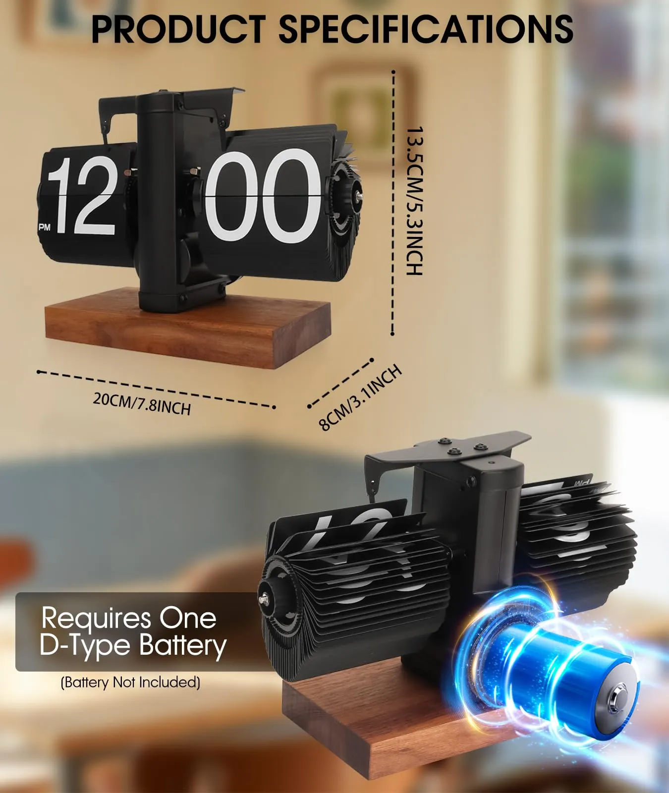 Retro Flip Clock - Flip Clock Vintage Desk Clock Digital Automatic Turning, Battery Operated Mechanical Desk Clock, Black - Ideal for Home, Office, Room Decor（Battery not Included