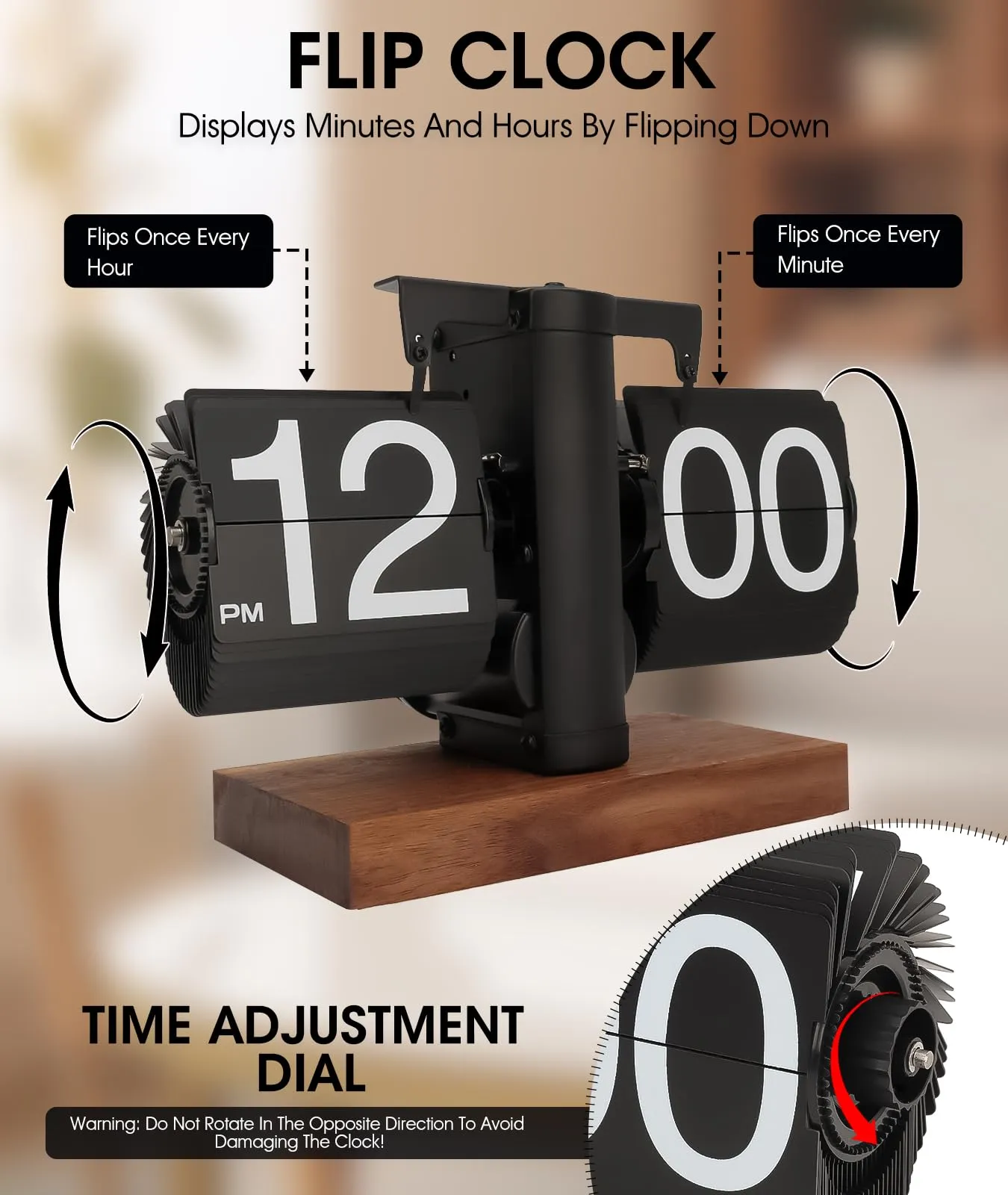 Retro Flip Clock - Flip Clock Vintage Desk Clock Digital Automatic Turning, Battery Operated Mechanical Desk Clock, Black - Ideal for Home, Office, Room Decor（Battery not Included