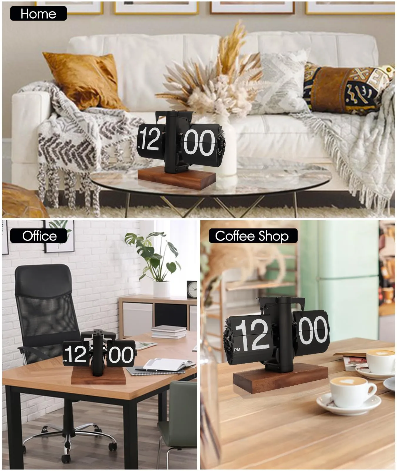 Retro Flip Clock - Flip Clock Vintage Desk Clock Digital Automatic Turning, Battery Operated Mechanical Desk Clock, Black - Ideal for Home, Office, Room Decor（Battery not Included