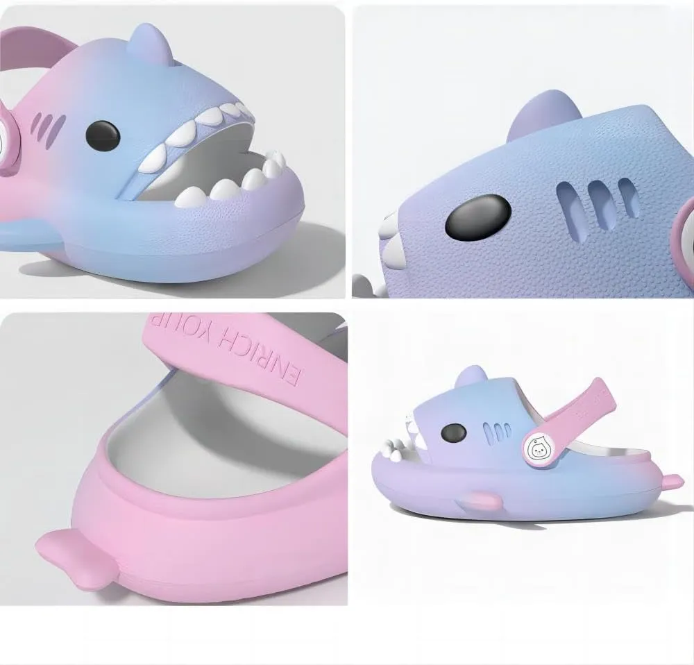 Shark Slides Kids, Sharky Chanclas with Adjustable Straps, Non-Slip Open Toe Thick Sole Beach Pool Shoes