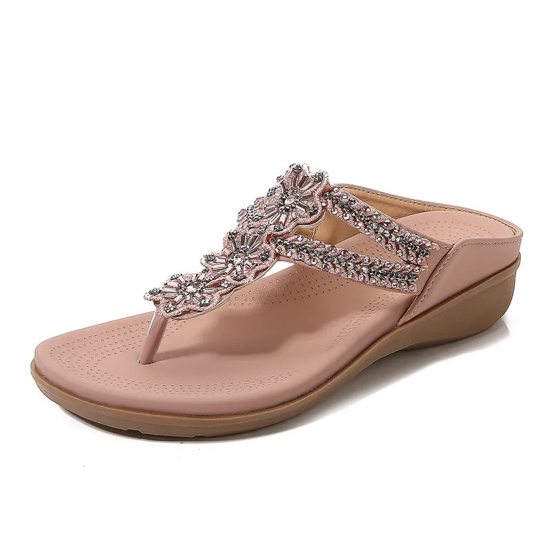 SIKETU | Retro Flower Low Wedge Sandals With Beads Rhinestone