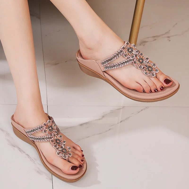 SIKETU | Retro Flower Low Wedge Sandals With Beads Rhinestone