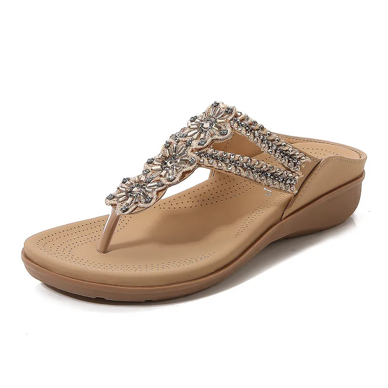 SIKETU | Retro Flower Low Wedge Sandals With Beads Rhinestone