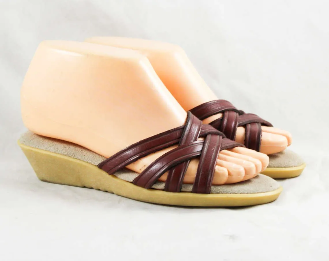 Size 6 Brown Sandals - Leather Straps Nice Quality 1970s Flip Flops - Padded Leather Insoles Late 70s Wimzees Summer Shoes - NOS Deadstock