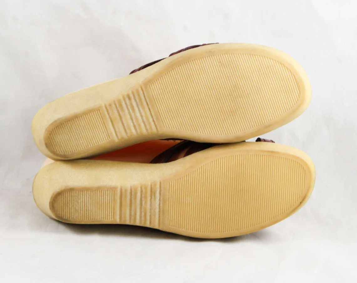 Size 6 Brown Sandals - Leather Straps Nice Quality 1970s Flip Flops - Padded Leather Insoles Late 70s Wimzees Summer Shoes - NOS Deadstock