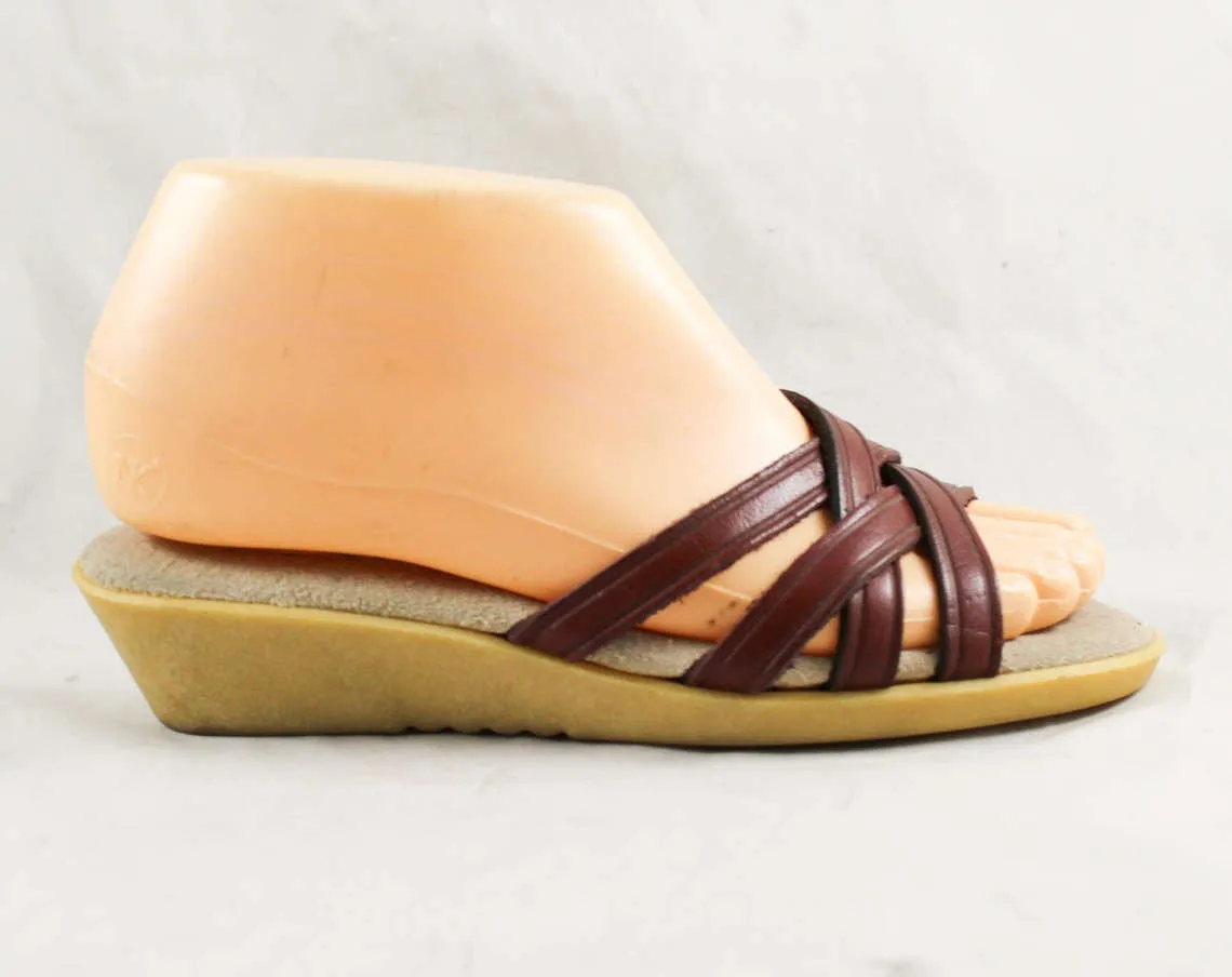 Size 6 Brown Sandals - Leather Straps Nice Quality 1970s Flip Flops - Padded Leather Insoles Late 70s Wimzees Summer Shoes - NOS Deadstock