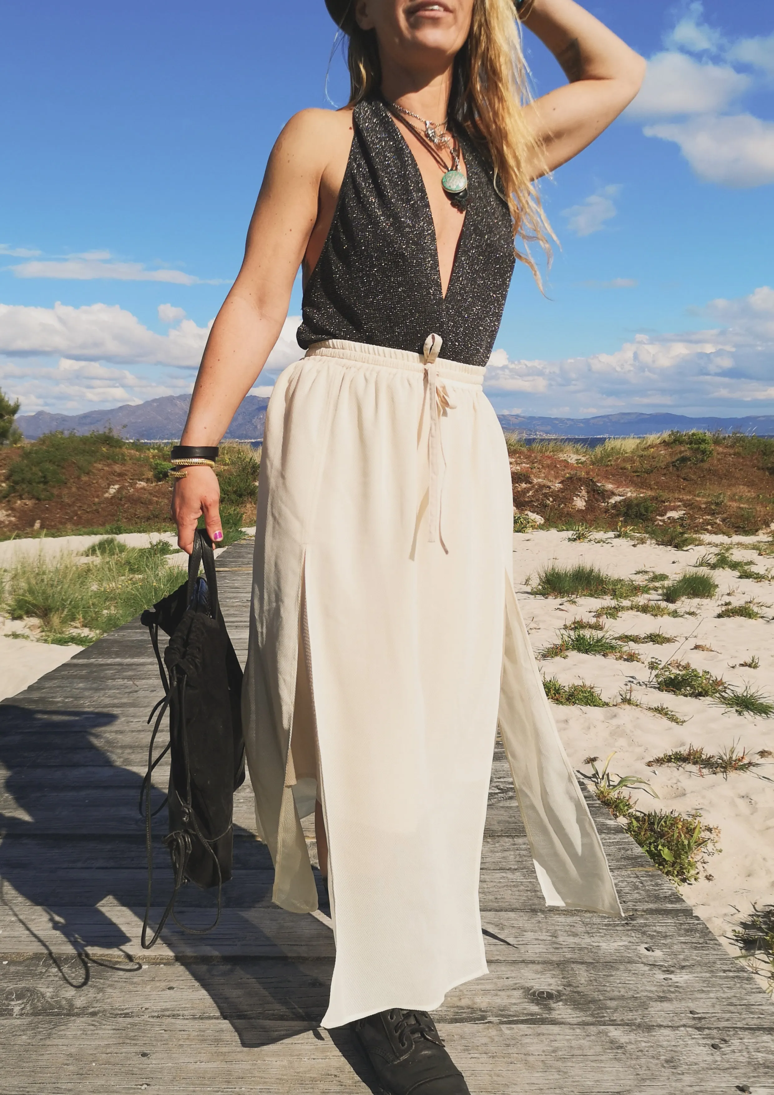 SKIRT LONG - ELASTIC WAIST SIDE SLOTS - creme by BERENIK