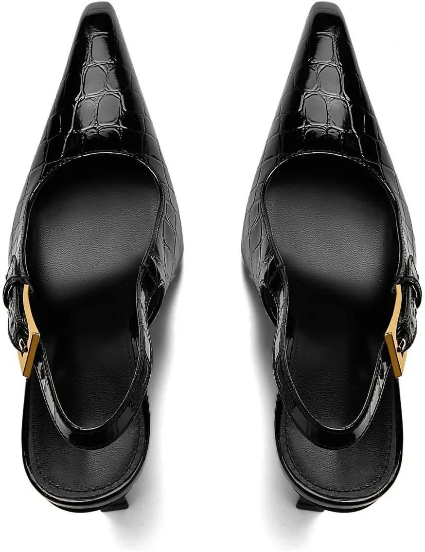 Slingback Pointed Closed Toe Stiletto High Heels Pumps for Women Ankle Strap Metal Buckle Backless Patent Leather Slip-on Banquet Dress Sandals Shoes