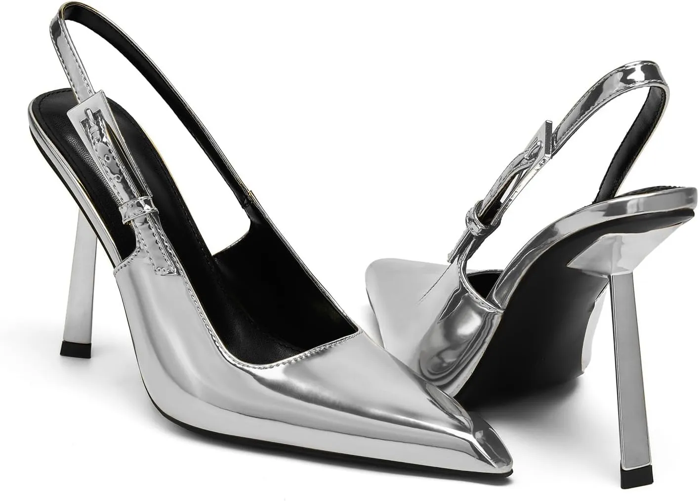 Slingback Pointed Closed Toe Stiletto High Heels Pumps for Women Ankle Strap Metal Buckle Backless Patent Leather Slip-on Banquet Dress Sandals Shoes