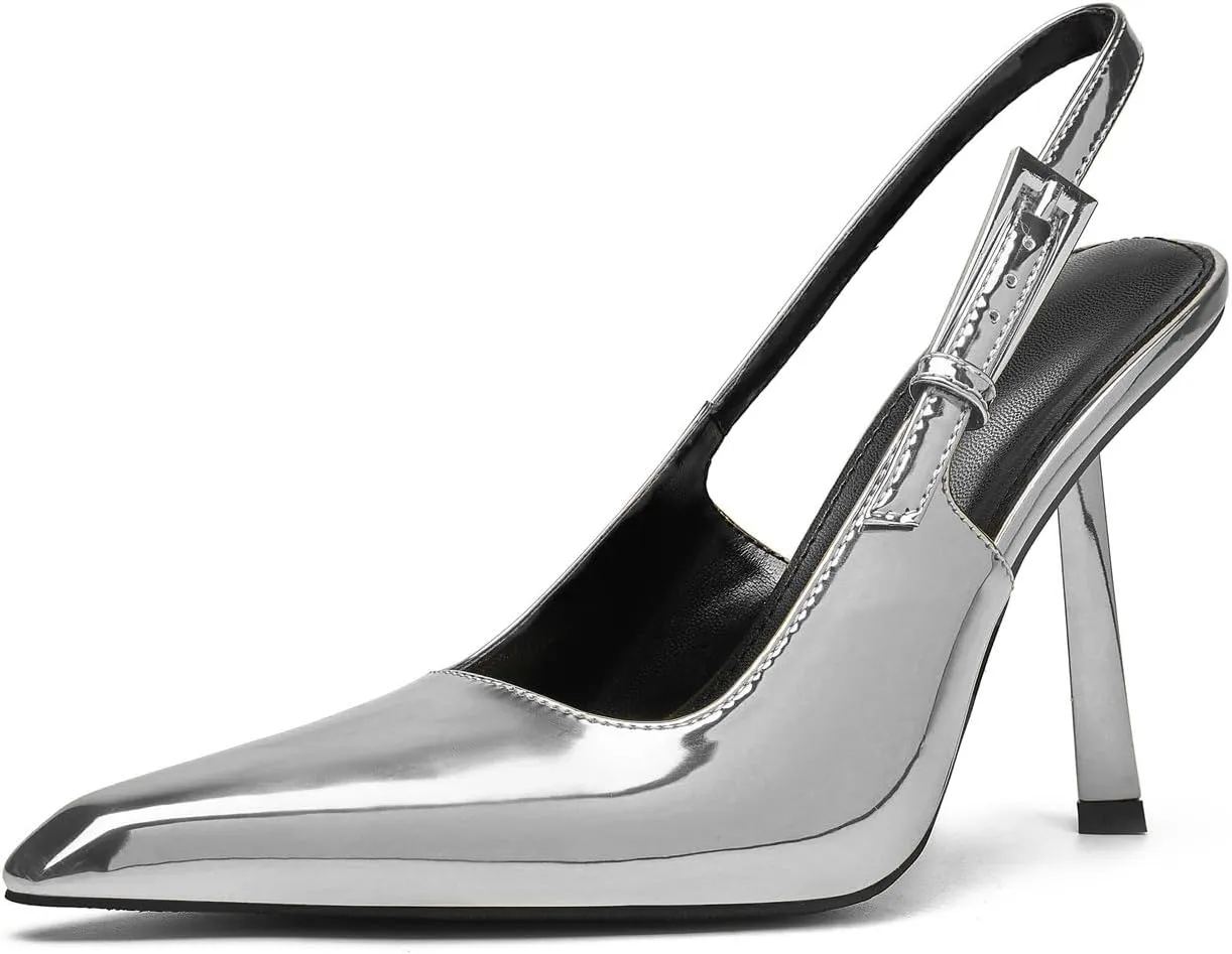 Slingback Pointed Closed Toe Stiletto High Heels Pumps for Women Ankle Strap Metal Buckle Backless Patent Leather Slip-on Banquet Dress Sandals Shoes