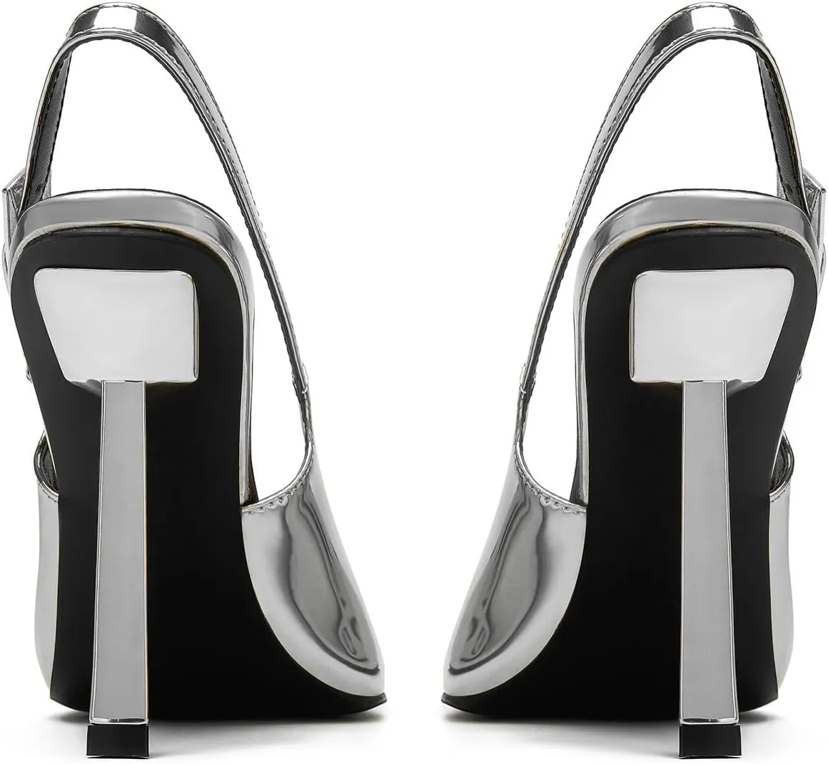 Slingback Pointed Closed Toe Stiletto High Heels Pumps for Women Ankle Strap Metal Buckle Backless Patent Leather Slip-on Banquet Dress Sandals Shoes