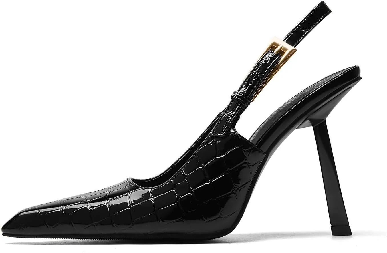 Slingback Pointed Closed Toe Stiletto High Heels Pumps for Women Ankle Strap Metal Buckle Backless Patent Leather Slip-on Banquet Dress Sandals Shoes