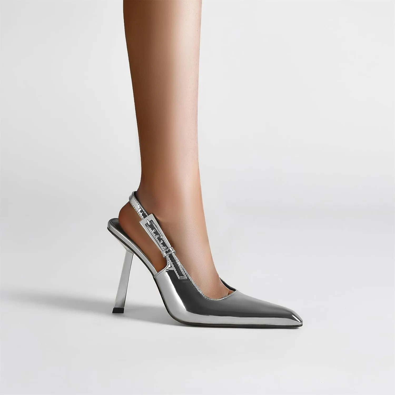 Slingback Pointed Closed Toe Stiletto High Heels Pumps for Women Ankle Strap Metal Buckle Backless Patent Leather Slip-on Banquet Dress Sandals Shoes