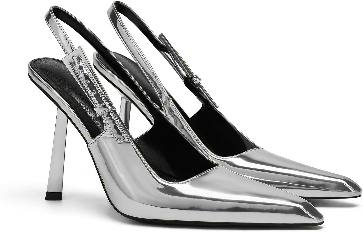 Slingback Pointed Closed Toe Stiletto High Heels Pumps for Women Ankle Strap Metal Buckle Backless Patent Leather Slip-on Banquet Dress Sandals Shoes