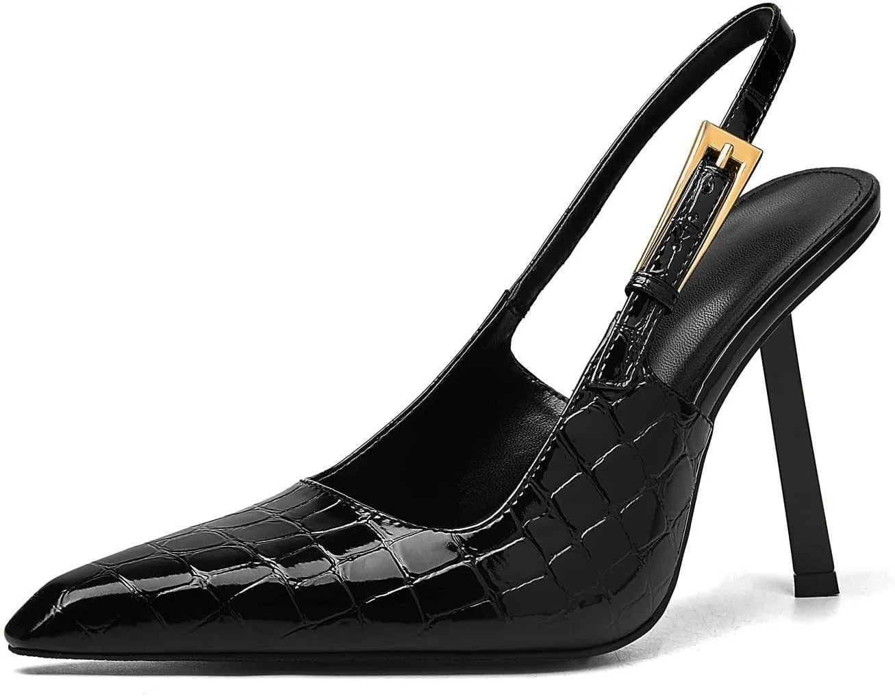 Slingback Pointed Closed Toe Stiletto High Heels Pumps for Women Ankle Strap Metal Buckle Backless Patent Leather Slip-on Banquet Dress Sandals Shoes